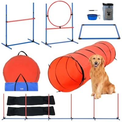 Abbildung von VEVOR Agility Set Hunde, 5 teiliges Upgrade mit verstellbaren hohen Hürden, 6 Slalomstangen, verlängertem Tunnel, Sprungring, Pausenbox, Pfeife, faltbarem Napf, Hindernisparcours Tasche