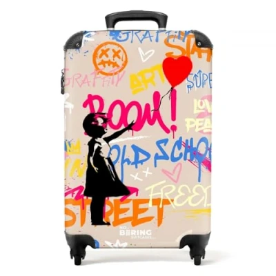 Abbildung von NoBoringSuitcases.com© Hartschalen Trolley Mädchen mit Luftballon für Graffiti Kunst 67 cm 72 L, 4 Rollen, Koffer Mittelgroß 20kg, Suitcase Erwachsene, Reisekoffer