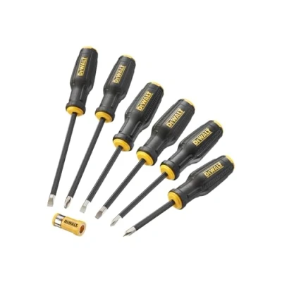 Abbildung von Dewalt Full Fit Schraubendreher Set, 6 teilig, enthält: Schlitzschraubendreher: 5,5, 6,5, 8 mm, Kreuzschlitzschraubendreher: PH1, PH2, PH3.