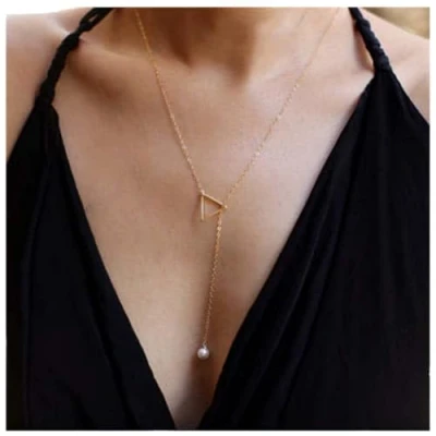 Abbildung von Yheakne Boho Perlen Dreieck Halskette Gold Y Perlenkette Minimalistische Lariat Geometrie Kette Schmuck für Frauen und Mädchen (Gold)