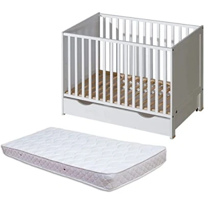 Abbildung von ATB MEBLE Babybett mit Matratze Matratzenschoner und Schublade Beistellbett Baby aus Holz Bett Vier Ebenen der Matratzenhöhe für Babyzimmer 120x60 Weiß