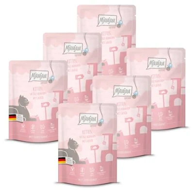 Abbildung von MjAMjAM Premium Nassfutter für Katzen Quetschie Kitten saftiges Hühnchen mit Lachsöl 300g, 6er Pack (6 x 300g), naturbelassen extra viel Fleisch