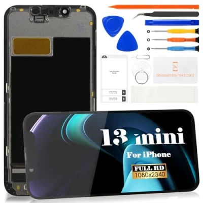 Abbildung von OLED LCD Bildschirm Ersatz für iPhone 13 Mini, Display Mini A2628, Touch Digitalisierer, Montage Reparatur Set (Schwarz, größere Displayfläche)