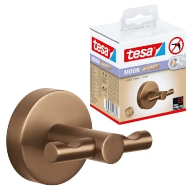 Abbildung von tesa MOON Bronze Bademantelhaken in gebürsteter selbstklebender Wandhaken aus PVD beschichtetem Metall ohne Bohren, inkl. Klebelösung 65mm x 50mm 53mm