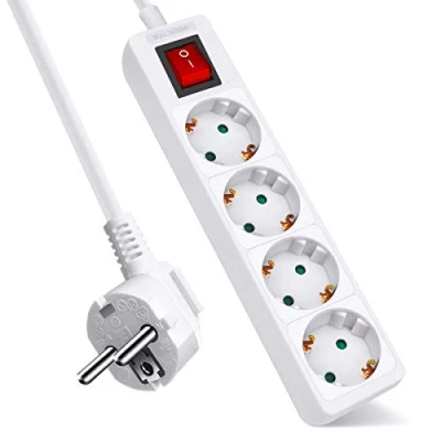 Abbildung von EXTRASTAR Steckdosenleiste mit 4 Steckdosen und Schalter, Kabel 1,5 m, Steckdosen, für Zuhause, Büro Reisen, Max 3680 W, 16 A, 250 V, Weiß, 1 Stück