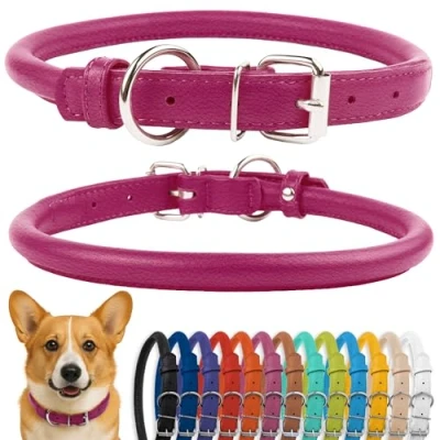 Abbildung von CollarDirect Rundes Leder Hundehalsband, weich gepolstert gerollt, handgefertigtes Echtleder Halsband für Hund Welpe Katze Klein Groß Schwarz Rosa Rot Lila Blau