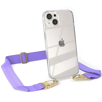 Abbildung von EAZY CASE Hülle mit Band kompatibel iPhone 13 Handyhülle Umhängeband für Silikonhülle Transparent Schutzhülle Handykette zum Umhängen Handykordel Smartphone in Lila Gold