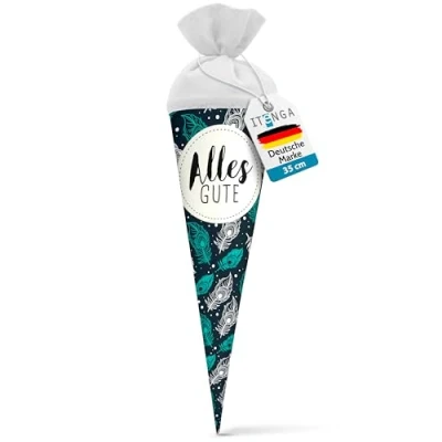 Abbildung von itenga Geschwisterschultüte 35 cm Tiere Pflanzen Muster Geschenkverpackung Schultüte Zuckertüte Filzverschluss Kinder Erwachsene (Federn mit Text)