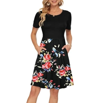 Abbildung von AUSELILY Sommerkleid Schwarze Rose Schwarz Damen Casual Plissee Loose Swing Freizeitkleid mit Taschen Knielang 2XL