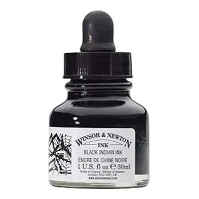 Abbildung von Winsor &amp; Newton 1011030 Drawing Inks Zeichentusche für Kalligraphen, Illustratoren, Grafikern, Künstler wasserbeständige Farben, herrvorragender Transparenz, 30ml Flasche Schwarz mit Pipette