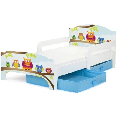 Abbildung von Leomark SMART Kleinkinderbett aus Holz Eulen Kinderbett mit Schubladen für Bettwäsche, Einzelbett Matratze, Stauraum, Rausfallschutz Lattenrost, Liegefläche 140 x 70 cm, UV Druck