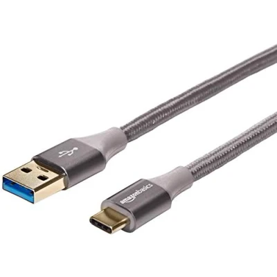 Abbildung von Amazon Basics Schnellladekabel, USB C auf A 3.1 (Gen. 1), Nylonumwicklung, 5 GBit/s Highspeed, IF zertifiziert, für Apple iPhone 15, iPad, Samsung Galaxy, Tablets, Laptops, 3 m, dunkelgrau