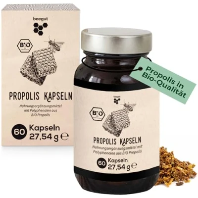 Abbildung von beegut BIO Propolis Kapseln, 60 Kapseln in pflanzlicher Kapselhülle mit Extrakt, nachhaltige Verpackung
