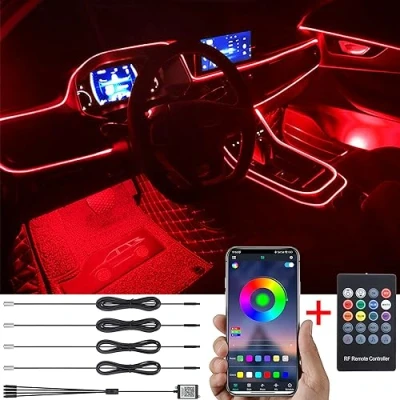 Abbildung von TABEN Auto Atmosphärenlicht Kit Musiksynchronisation Mehrfarbig RGB 16 Millionen Farben 5 Meter Glasfaser USB Ambientebeleuchtung Kit, drahtlose RF Fernbedienung und Bluetooth App Steuerung DC 12V