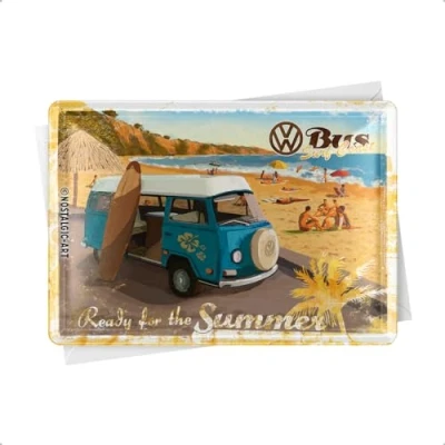 Abbildung von Nostalgic Art Retro Blechpostkarte, 10 x 14 cm, VW Bulli Ready for the Summer Volkswagen Bus Geschenk Idee, Postkarte aus Metall, Mini Blechschild als Grußkarte