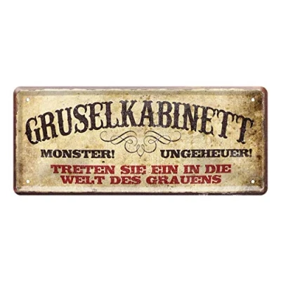 Abbildung von Blechschild Gruselkabinett Monster &amp; Ungeheuer Welt des Grauens Deko Metallschild Halloween Dekoschild für Freunde von Gespenster, Dämonen, Spukgestalten, Vampiren Haustür Schild 28x12cm