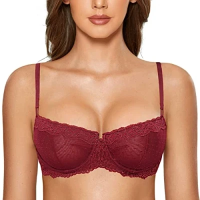 Abbildung von DOBREVA Balconette BH Damen mit Bügel Push Up Dirndl Spitze BHS Sexy Grosse Grössen Ungefüttert Dunkelrot#New 80B