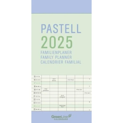 Abbildung von GreenLine Pastell 2025 Familienplaner, 22x45cm, Familienkalender mit effizienter Monatsaufteilung in 5 Spalten, für Familienorganisation, Schulferien und Stundenpläne, Spiralbindung