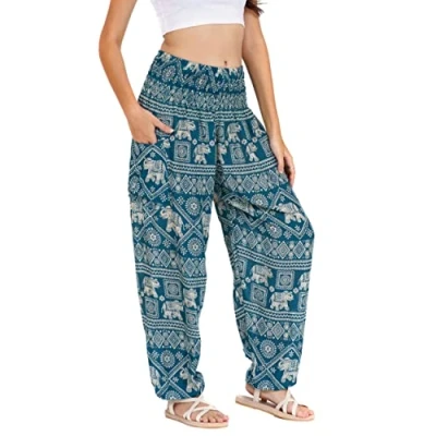 Abbildung von Lofbaz Damen Haremshose Yogahose Pumphose Hippie Hose Boho Kleidung Festival Outfit Sommerhose Leicht Sommer Hosen Elephant 1 Teal Grün S
