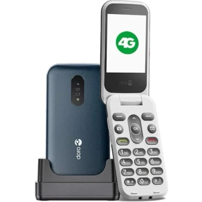 Abbildung von Doro 2820 4G Handy mit Klappdeckel für Senioren große sprechende Tasten Kamera Bluetooth Assistenztaste ohne Internet und Ständer (blau/weiß)