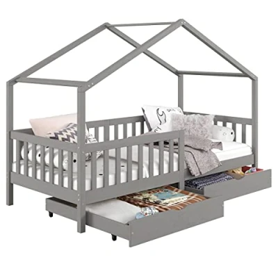 Abbildung von IDIMEX Hausbett ELEA aus massiver Kiefer, Kinderbett mit Rausfallschutz 90x200cm, Spielbett Dach in grau