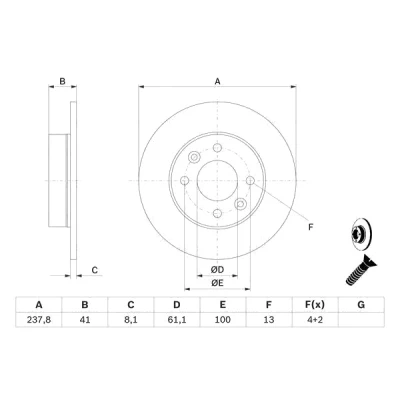Abbildung von BOSCH 0 986 478 273 Bremsscheibe 237,8 8,1 4 100 voll geölt mit Schrauben RENAULT: TWINGO 1, CLIO Super 5 Schrägheck