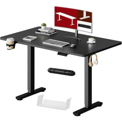 Abbildung von SANODESK Höhenverstellbarer Schreibtisch mit VOLLSTÄNDIGER TISCHPLATTE, 4 Zubehörteilen (Becherhalter, Haken, Aufbewahrungsbox, Kabelmanagement), ergonomisch für Büro und Homeoffice, Schwarz, 110x54CM