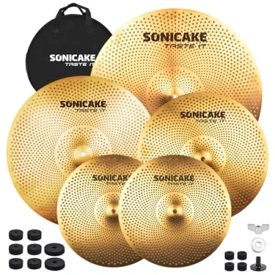 Abbildung von SONICAKE Cymbal Set mit geringer Lautstärke 14&quot; HiHat+16&quot; Crash+18&quot; Crash+20&quot; Ride Beckenset Golden 5 Stücke Beckentasche und Zubehör