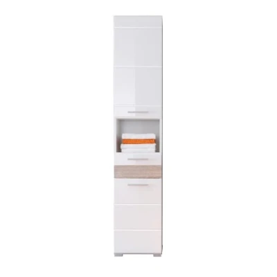 Abbildung von trendteam smart living Hochschrank Schrank Badezimmer Mezzo Aufbaumaß (BxHxT) 37 x 182 31 cm Farbe Weiß Hochglanz mit Eiche Sägerau Hell 128010341