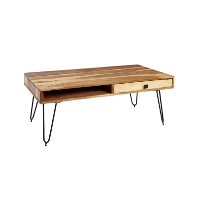 Abbildung von Wohnling Couchtisch BAGLI Massiv Holz Akazie 110 cm breit Wohnzimmer Tisch Design Metallbeine Landhaus Stil Beistelltisch Schublade