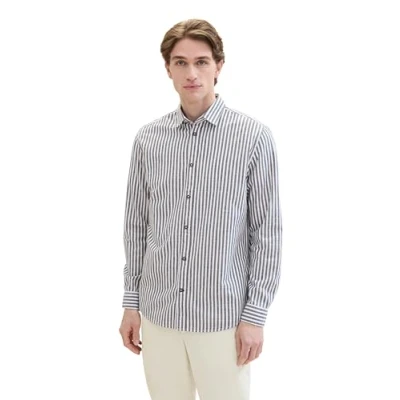 Abbildung von TOM TAILOR Herren Regular Fit dobby Hemd mit Streifen, navy white stripe, XL