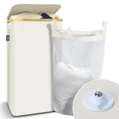 Abbildung von VOUNOT Wäschekorb mit Deckel 100L, Faltbarer Wäschesammler Herausnehmbar Wäschesäcke, Laundry Baskets Wäschebox Schmal, Beige