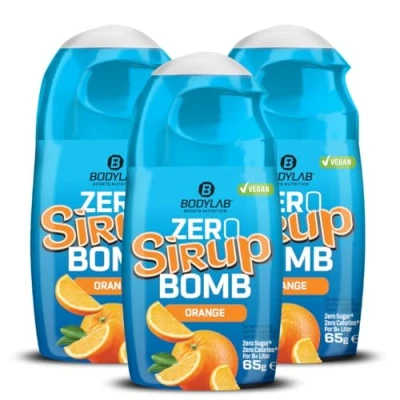 Abbildung von Bodylab24 ZERO Sirup BOMB Orange, 3 x 65ml, zuckerfrei und praktisch ohne Kalorien, mit nur 1kcal je 100ml Wasser Mischung, hochkonzentriert, für 8 l Fertiggetränk