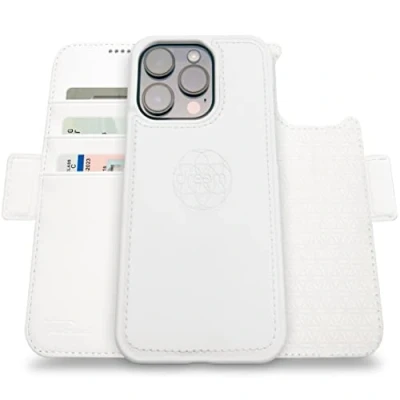 Abbildung von Dreem Fibonacci iPhone 14 Pro Geldbörsen Hülle / 2 in 1 Stoßfestes MagSafe Case und abnehmbares Luxus Vegan Leder Folio mit RFID Kartenschutz Ständer; für Frauen Männer Weiß