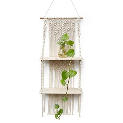 Abbildung von Afuly Wandregal Holz Makramee Regal Boho Deko Hängeregal Wanddeko Badezimmer Wohnzimmer Balkon Pflänzchen Handgewebte Schweberegal