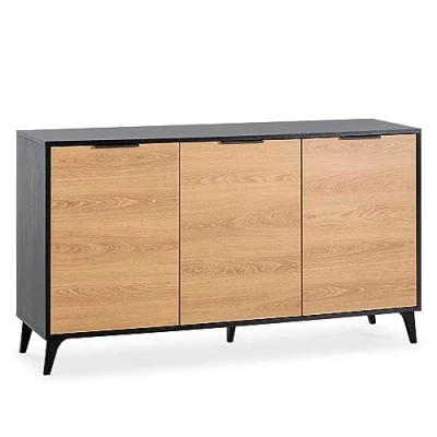 Abbildung von HOMN LIVING Anrichte Kalma 3 Türen, Schwarz gebürstet und Holz, 136 cm (Breite) 40 (Tiefe) 76 (Höhe)