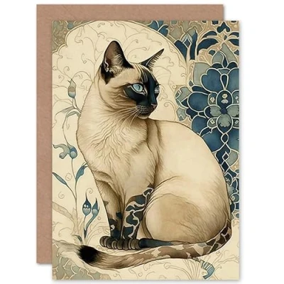 Abbildung von Artery8 Siamese Cat with Blue Flower Pattern Modern Art Nouveau Watercolour Illustration Birthday Sealed Greeting Card Plus Envelope Blank inside