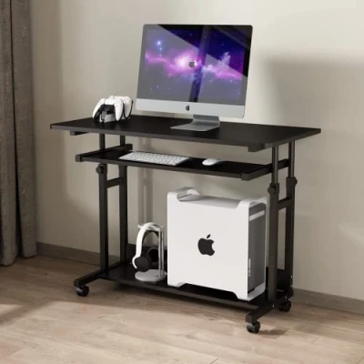 Abbildung von Dripex Schreibtisch höhenverstellbar, Computertisch mit Rollen, Kleiner auf Laptoptisch Tastaturauszug, Beistelltisch, platzsparender PC Tisch für Home Office, Schwarz