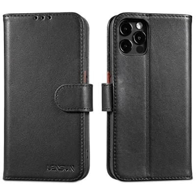 Abbildung von LENSUN Echtleder Hülle für iPhone 12, 12 Pro Handyhülle [Echtes Leder][Magnetverschluss][RFID Schutz] Handytasche Lederhülle 12/12 5G Schwarz
