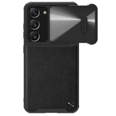 Abbildung von Nillkin Leather CamShield Samsung Galaxy S23 Plus Hülle mit Kamera Slider Schwarz