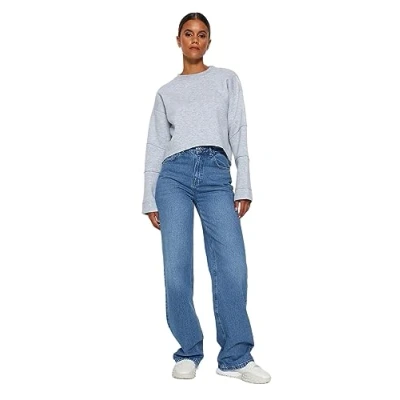 Abbildung von TRENDYOL Damen Gerade Weites Bein Hohe Taille Jeans, Blau, 44