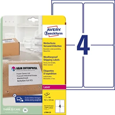 Abbildung von AVERY Zweckform L7994 25 wetterfeste Versandetiketten/ Versandaufkleber (100 Etiketten, 99,1x139mm auf A4, bedruckbar, selbstklebend, für Pakete, Päckchen und Versandrollen) Blatt, weiß