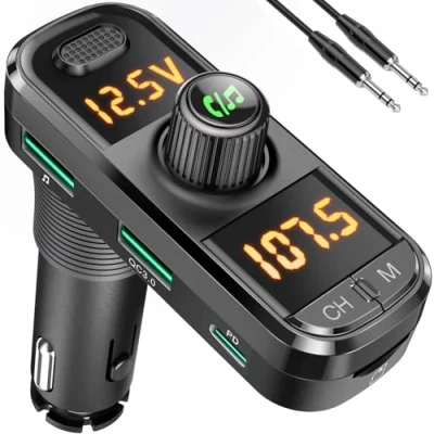 Abbildung von GizmoVine FM Transmitter Auto Bluetooth, Adapter Freisprecheinrichtung mit QC3.0 &amp; PD3.0 Schnellladegerät, Doppelte Digitalanzeige, 4 in 1 Musik MP3 Player, Unterstützt BT/TF Karte/USB Disk/AUX