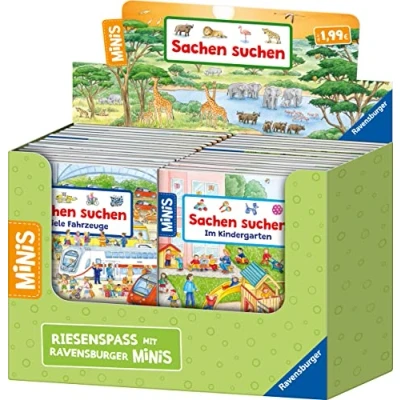 Abbildung von Verkaufs Kassette &quot;Ravensburger Minis 17 Sachen suchen&quot;: suchen: Viele Fahrzeuge / im Kindergarten Tiere der Welt Bei uns Wald