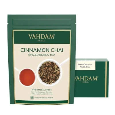 Abbildung von VAHDAM, Zimt Masala Chai Tee (100 Tassen) ECHTE GEWÜRZE Rezept für gealterten Zimttee Gewürzter Tee, lose Blätter Heißen Eistee oder Latte aufbrühen Schwarzer 200 g