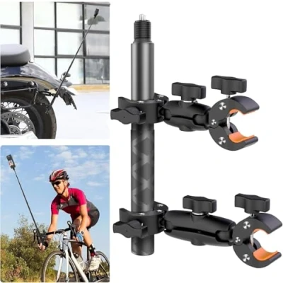 Abbildung von UNSTINCER Motorrad Fahrrad ATV Lenker Action Kamera Halterung mit 118cm Selfie Stick, verstellbare Camera Doppelklemme Double Clamp Third Person Mount für Insta360 X4 X3 X2 ONE RS R Ace, DIY Montage