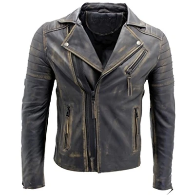 Abbildung von Infinity Herren Bräunen Schlank Fit Kreuz Zip Jahrgang Brando Bikerjacke aus Leder XL