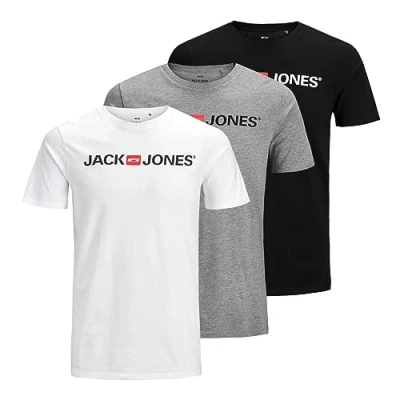 Abbildung von JACK &amp; JONES Herren Shirts T Logo Tee Crew Neck 3er Pack, Farbe:Mehrfarbig, Artikel:12137126 Black/White/Light Grey Mel., Größe:L