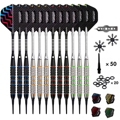 Abbildung von Turnart Dartpfeile mit Kunststoffspitze 12 Stück 18 Gramm 50 zusätzlichen Dartspitzen 20 Gummiringen 27 Flügen 9 PC Wellen Werkzeugsatz für Elektronische Dartscheibe (12 Soft Dartpfeile)
