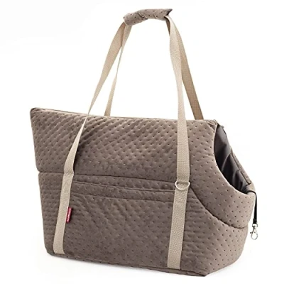 Abbildung von Transporttasche für Hunde und Katzen Schultertasche Haustiere mit Gummiband Karabiner bis 10 kg Material: Wildlederimitat Velvet Größe: M Farbe: Braun